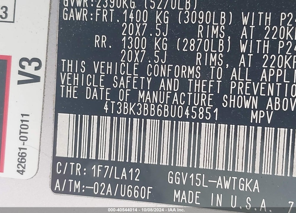 2011 TOYOTA VENZA BASE V6 VIN: 4T3BK3BB6BU045851