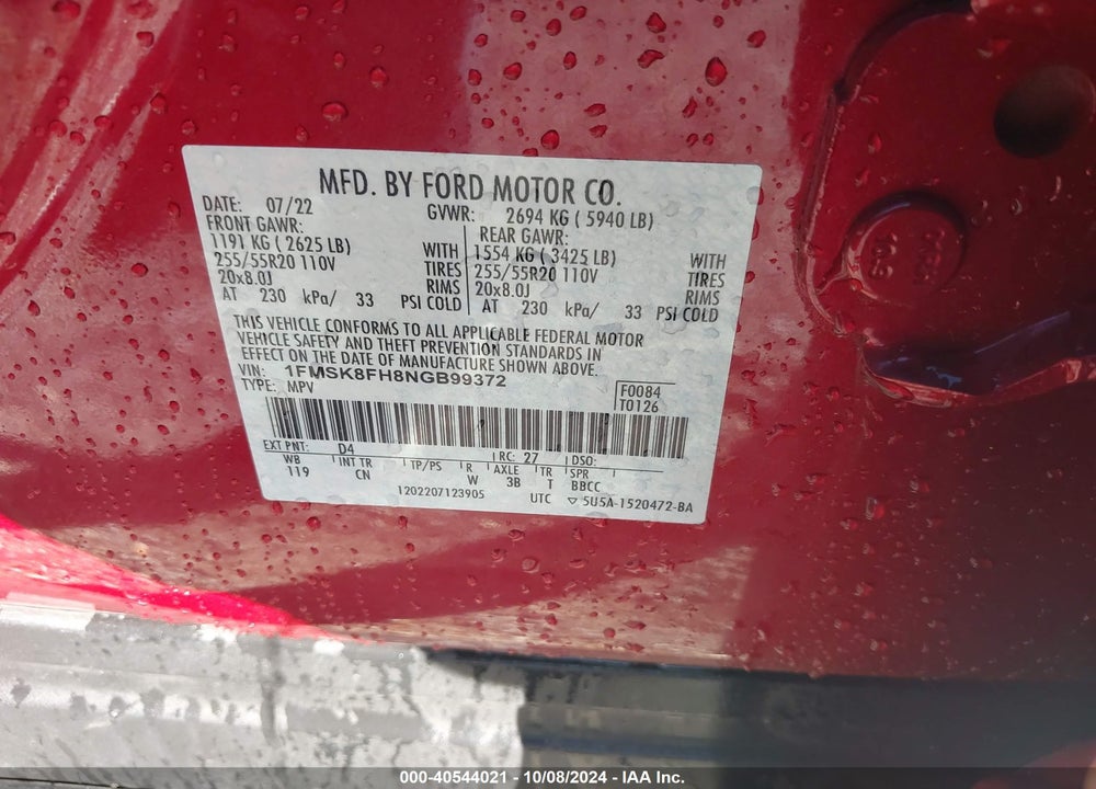 2022 FORD EXPLORER LIMITED VIN: 1FMSK8FH8NGB99372