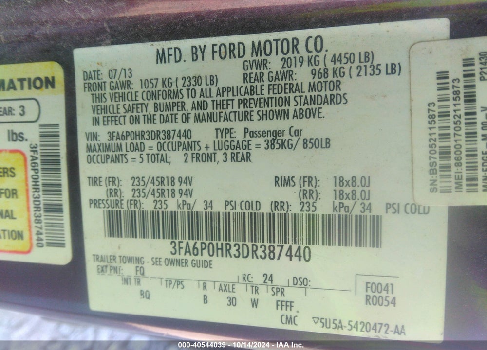 2013 FORD FUSION SE VIN: 3FA6P0HR3DR387440