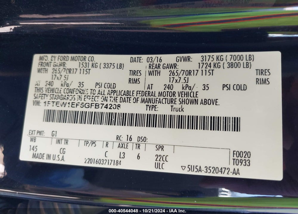 2016 FORD F-150 XL VIN: 1FTEW1EF5GFB74208