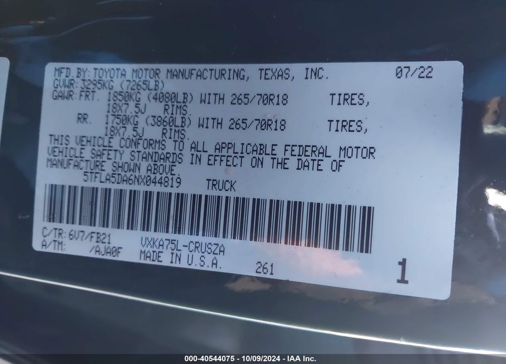 2022 TOYOTA TUNDRA SR5 VIN: 5TFLA5DA6NX044819