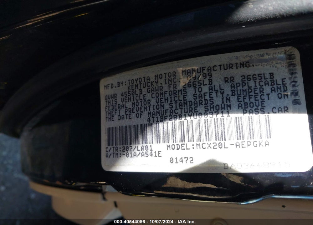 2000 TOYOTA AVALON XLS VIN: 4T1BF28B1YU003711