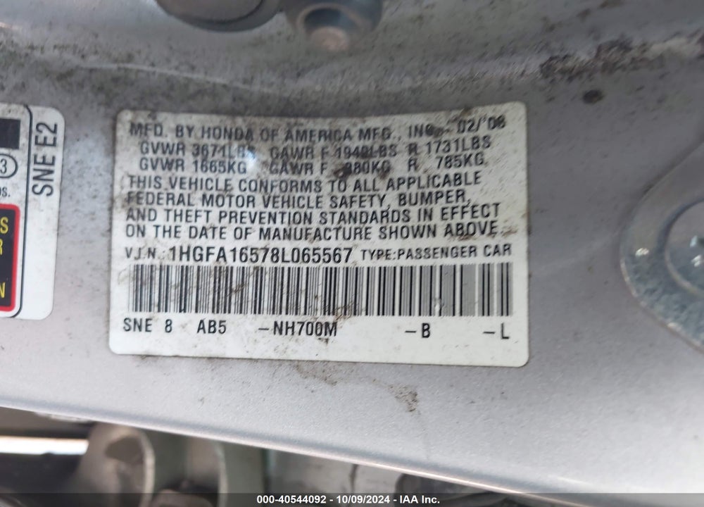 2008 HONDA CIVIC LX VIN: 1HGFA16578L065567