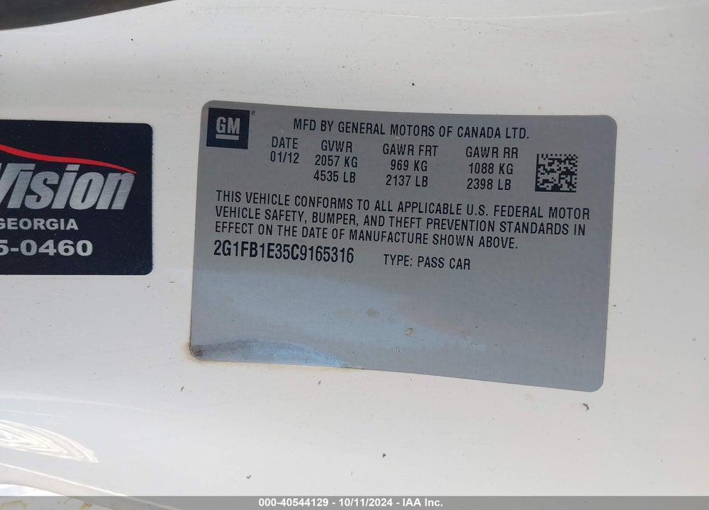 2012 CHEVROLET CAMARO 1LT VIN: 2G1FB1E35C9165316