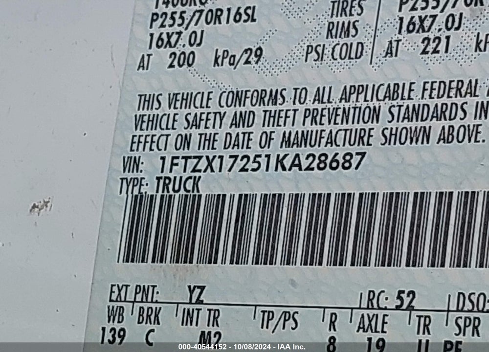 2001 FORD F-150 XL/XLT VIN: 1FTZX17251KA28687