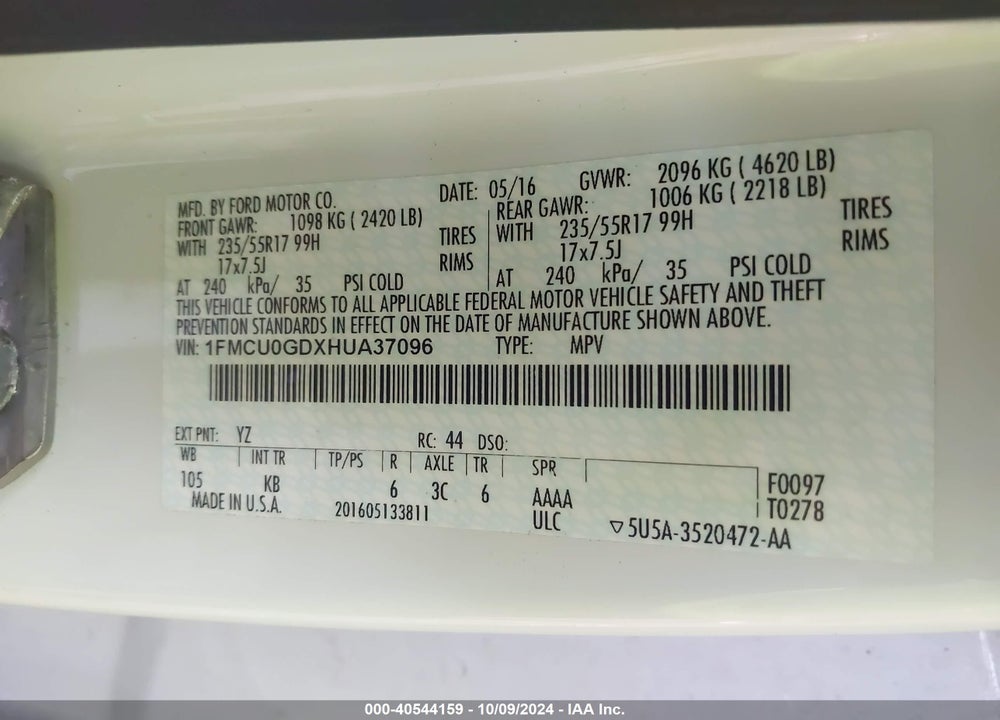 2017 FORD ESCAPE SE VIN: 1FMCU0GDXHUA37096