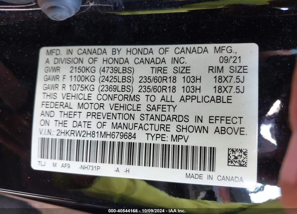 2021 HONDA CR-V AWD EX-L VIN: 2HKRW2H81MH679684