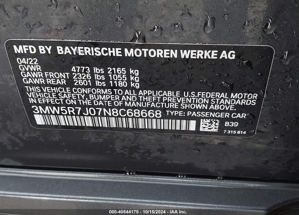 2022 BMW 330I XDRIVE VIN: 3MW5R7J07N8C68668