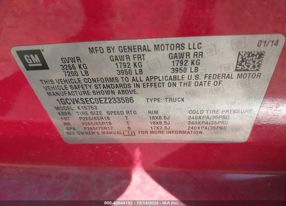 2014 CHEVROLET SILVERADO 1500 VIN: 1GCVKSEC0EZ233586