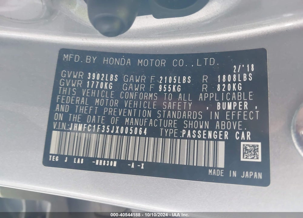 2018 HONDA CIVIC EX-T VIN: JHMFC1F35JX005064
