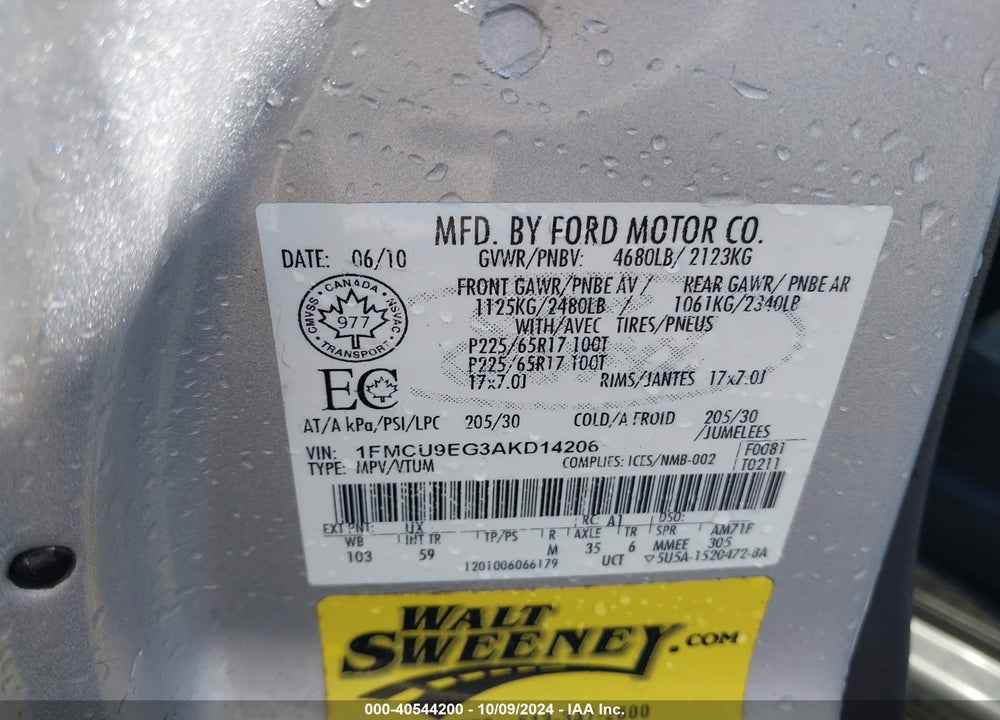 2010 FORD ESCAPE LIMITED VIN: 1FMCU9EG3AKD14206