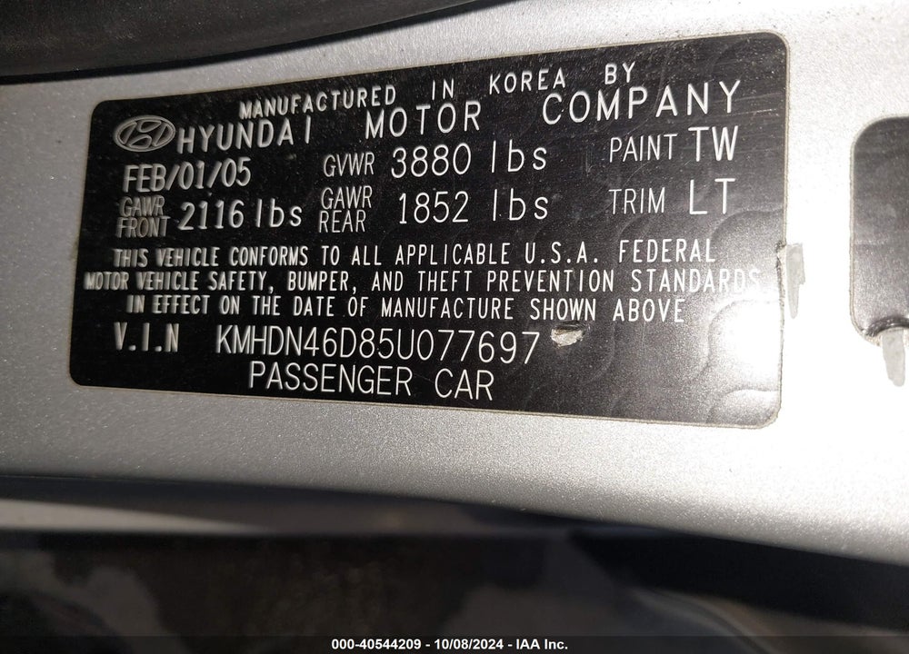 2005 HYUNDAI ELANTRA GLS/GT VIN: KMHDN46D85U077697