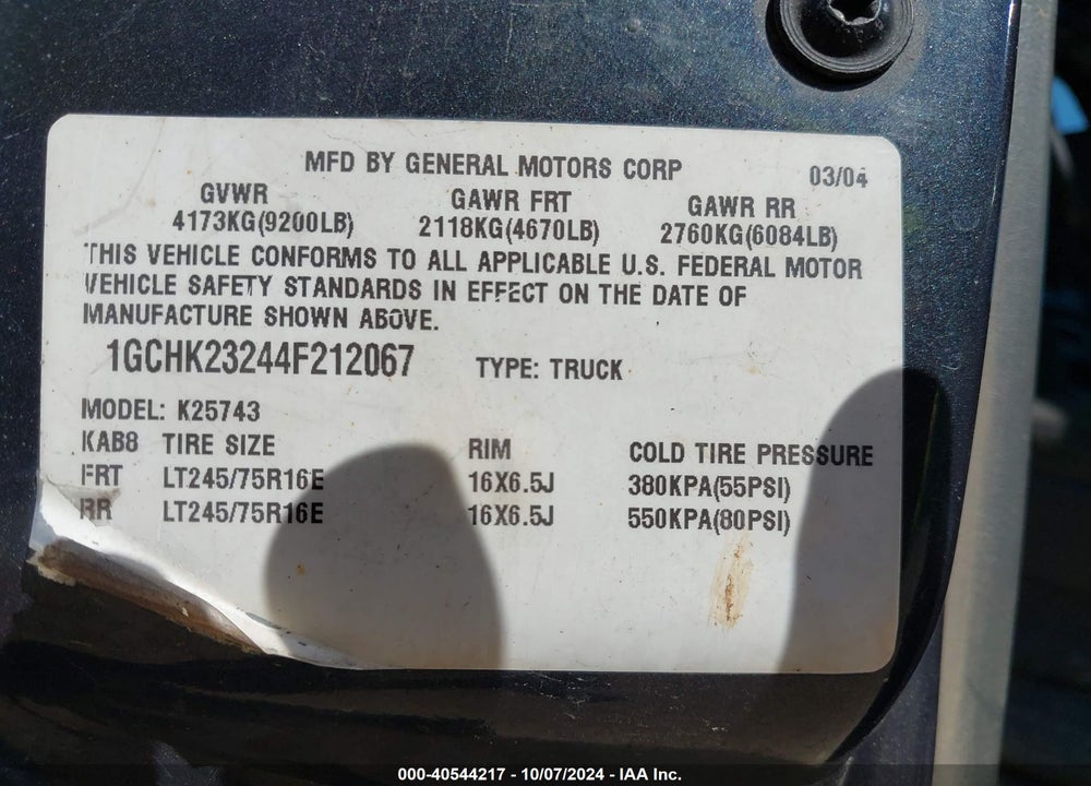 2004 CHEVROLET SILVERADO 2500HD LS VIN: 1GCHK23244F212067