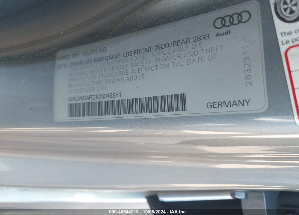 2016 AUDI A7 3.0T PREMIUM PLUS VIN: WAUWGAFC3GN046851