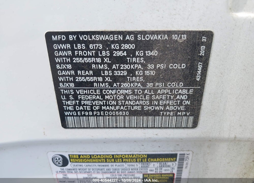 2014 VOLKSWAGEN TOUAREG 3.6L SPORT VIN: WVGEF9BP3ED005630