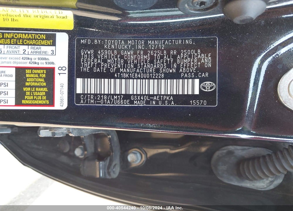 2013 TOYOTA AVALON LIMITED VIN: 4T1BK1EB4DU012228