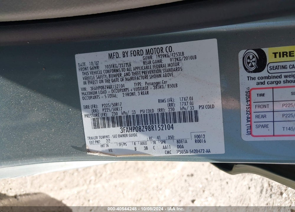 2008 FORD FUSION SEL VIN: 3FAHP08Z98R152104