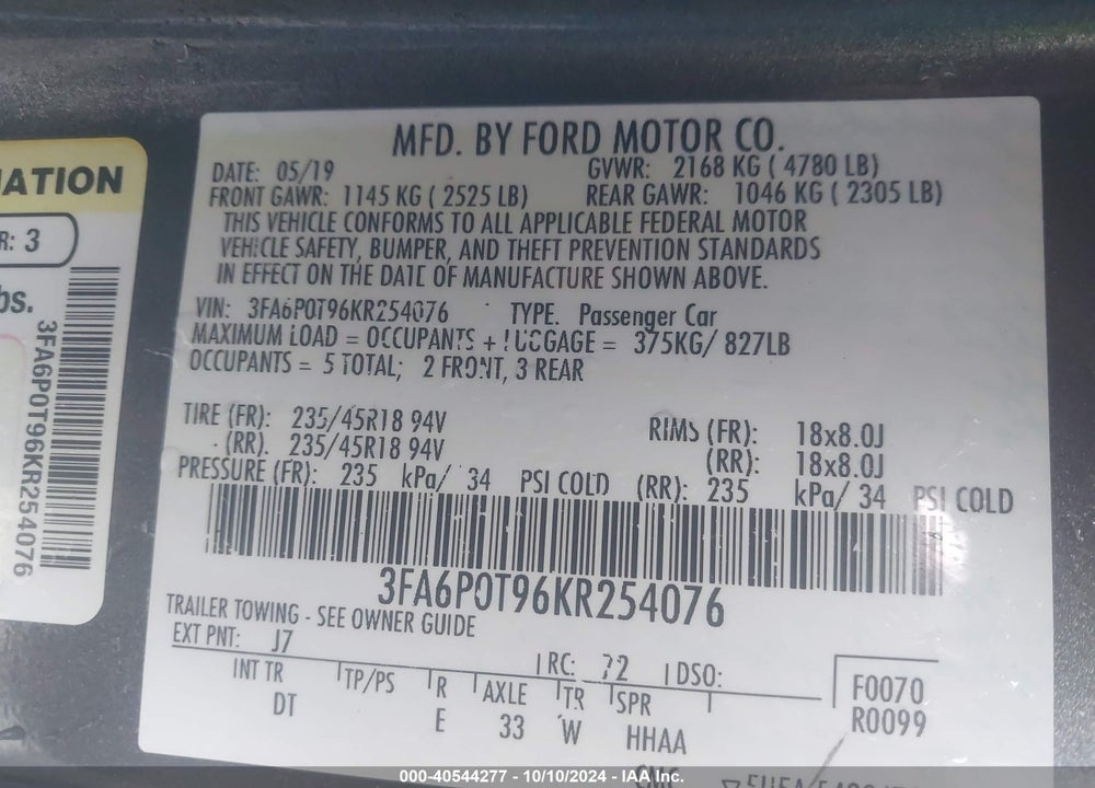 2019 FORD FUSION SE VIN: 3FA6P0T96KR254076