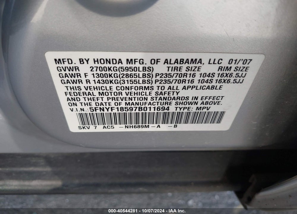 2007 HONDA PILOT EX-L VIN: 5FNYF18597B011694