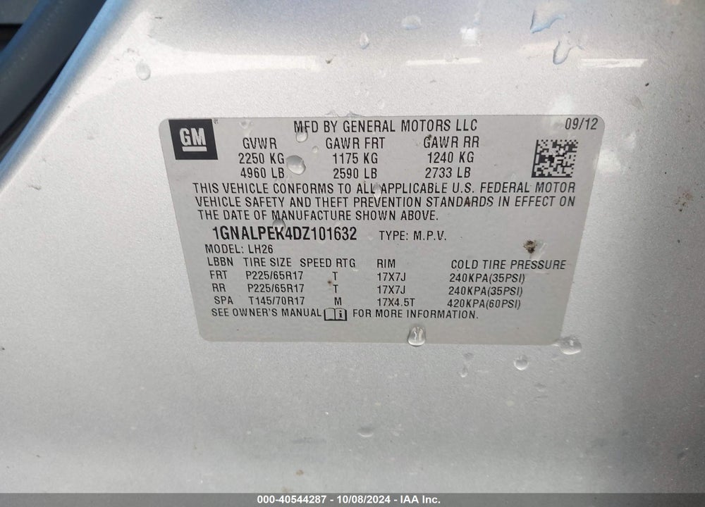 2013 CHEVROLET EQUINOX 2LT VIN: 1GNALPEK4DZ101632