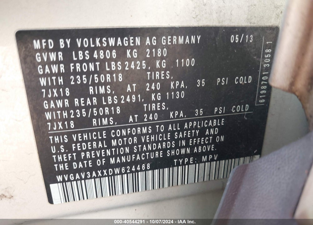 2013 VOLKSWAGEN TIGUAN SE VIN: WVGAV3AXXDW624468