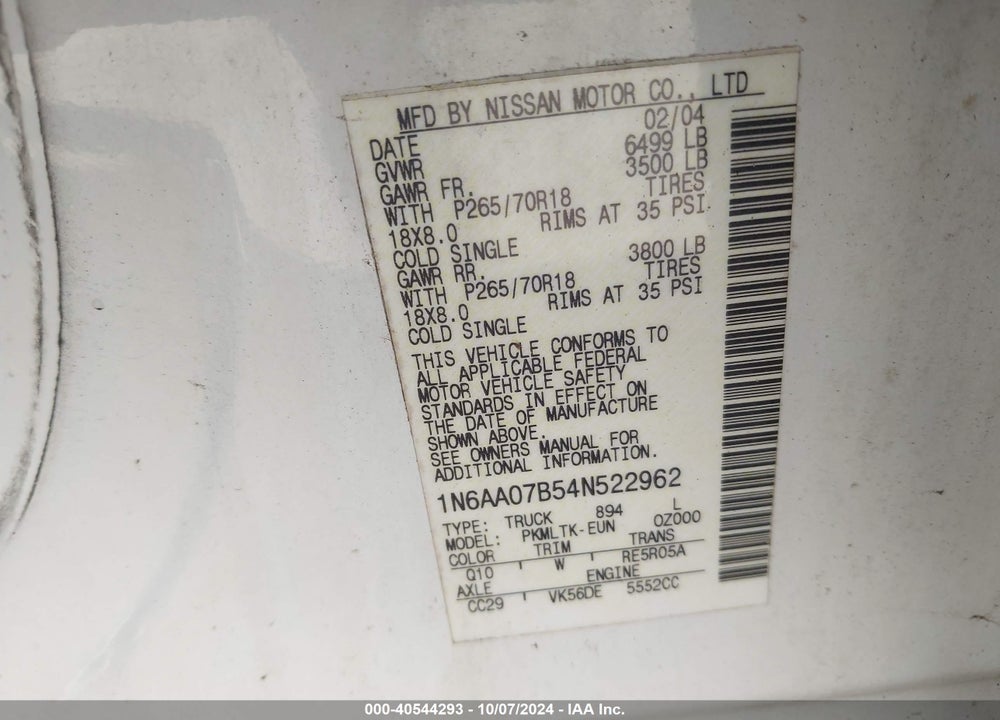 2004 NISSAN TITAN SE VIN: 1N6AA07B54N522962