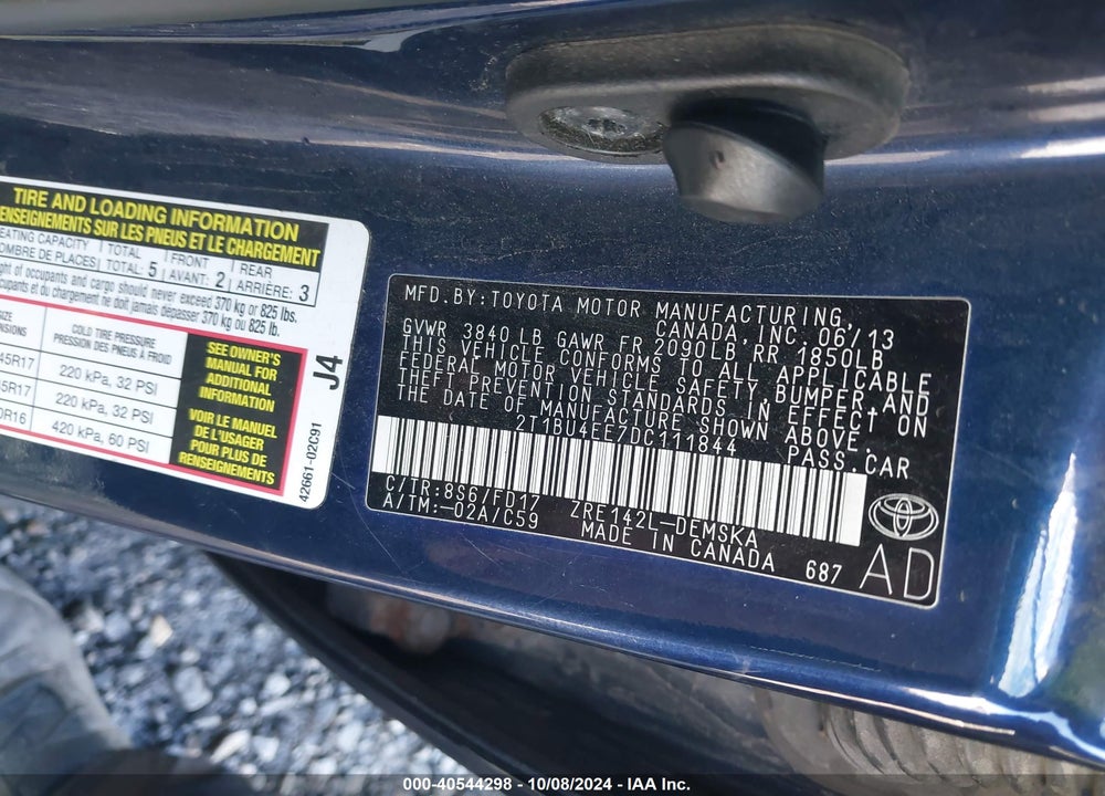 2013 TOYOTA COROLLA S VIN: 2T1BU4EE7DC111844