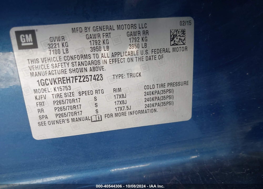 2015 CHEVROLET SILVERADO 1500 1LT VIN: 1GCVKREH7FZ257423