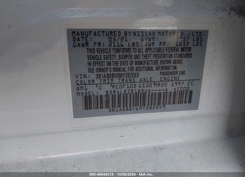 2021 NISSAN SENTRA S XTRONIC CVT VIN: 3N1AB8BV6MY282049