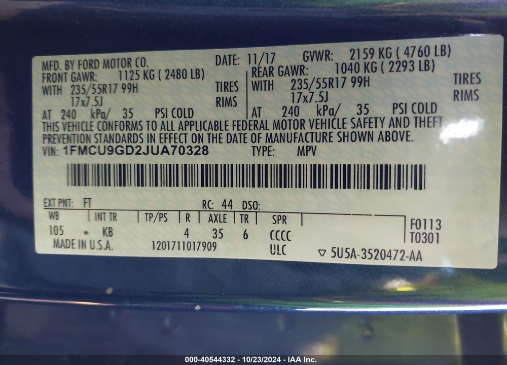 2018 FORD ESCAPE SE VIN: 1FMCU9GD2JUA70328