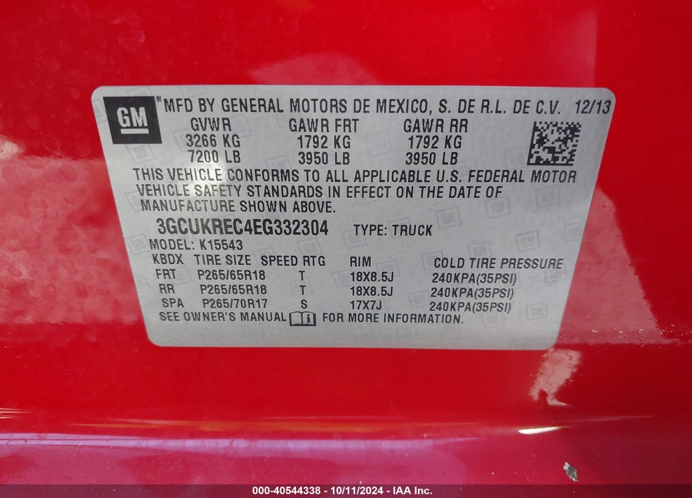 2014 CHEVROLET SILVERADO 1500 2LT VIN: 3GCUKREC4EG332304