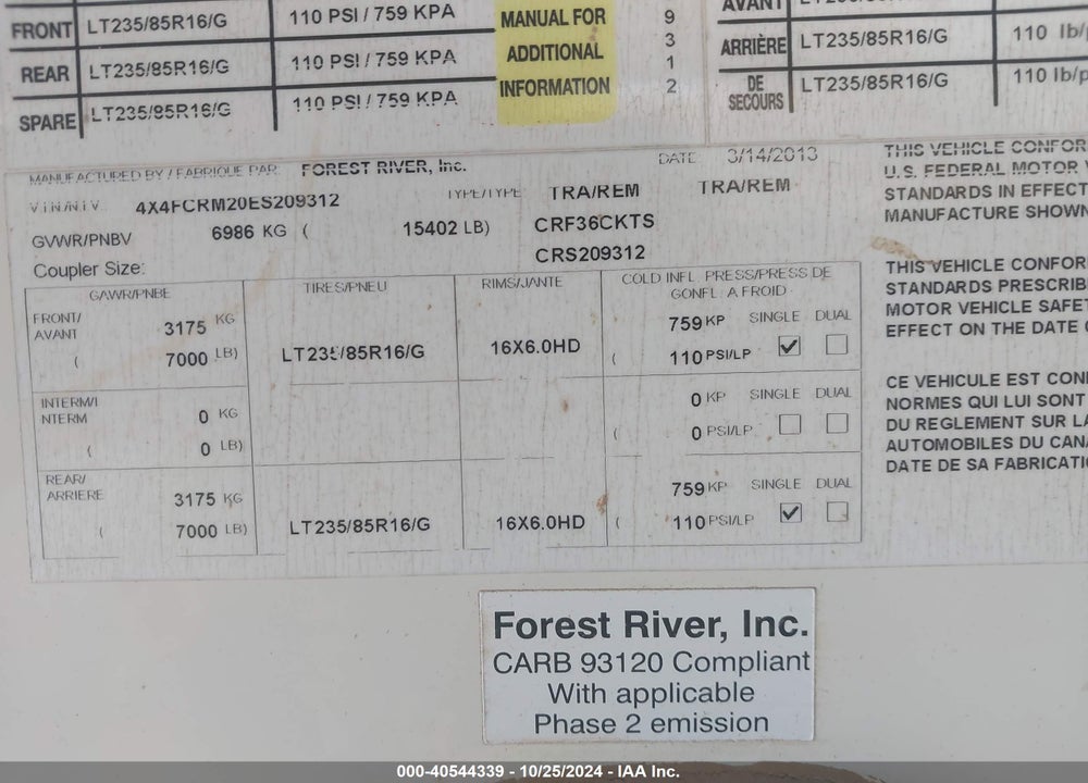 2014 FOREST RIVER 36 CKTS VIN: 4X4FCRM20E5209312