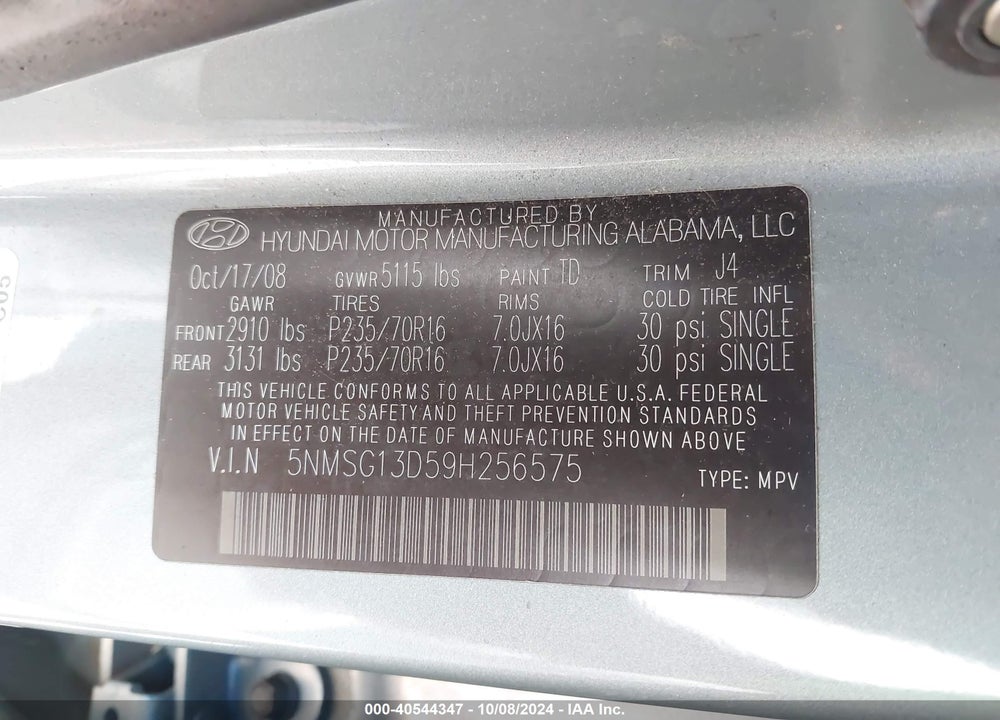 2009 HYUNDAI SANTA FE GLS VIN: 5NMSG13D59H256575