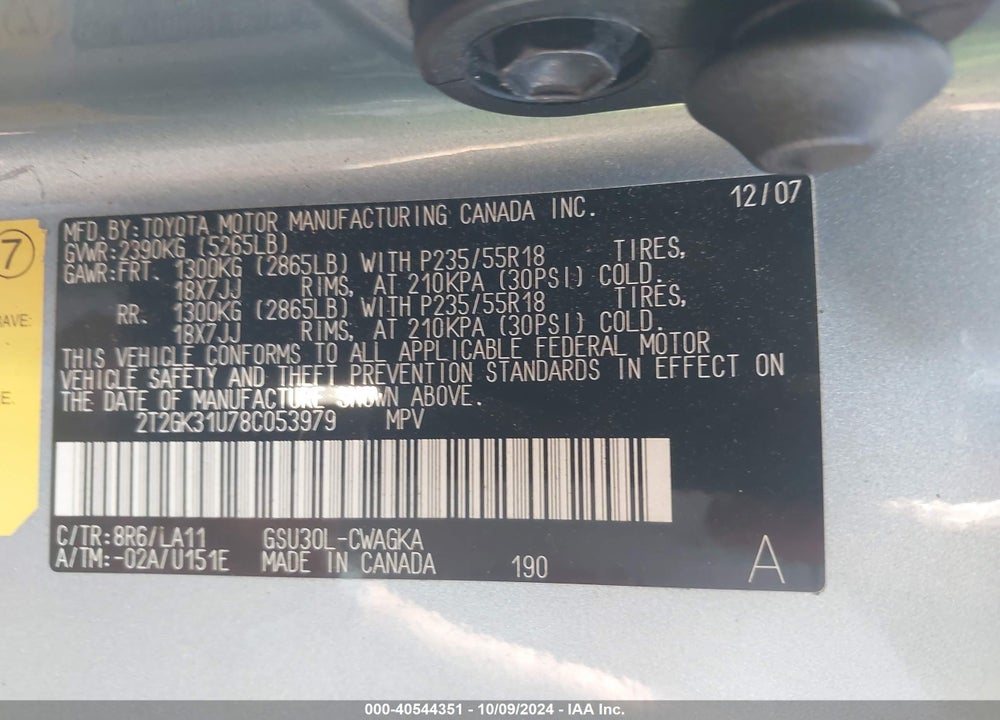2008 LEXUS RX 350 VIN: 2T2GK31U78C053979