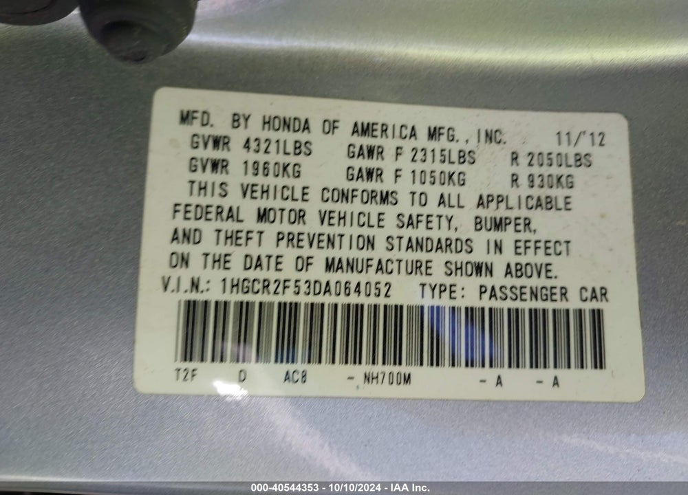 2013 HONDA ACCORD SPORT VIN: 1HGCR2F53DA064052