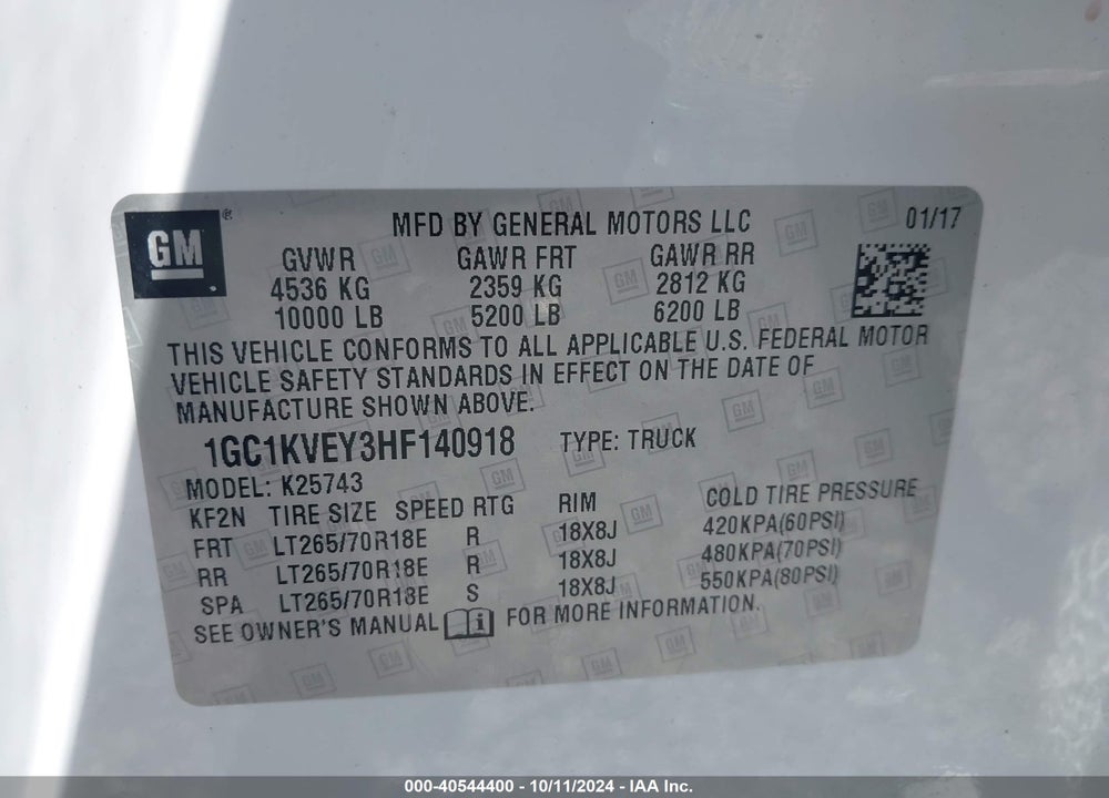 2017 CHEVROLET SILVERADO VIN: 1GC1KVEY3HF140918