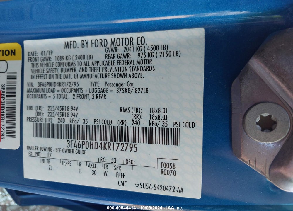 2019 FORD FUSION SE VIN: 3FA6P0HD4KR172795