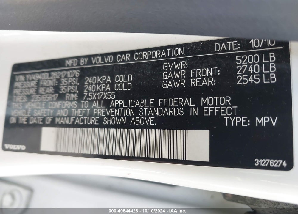2011 VOLVO XC60 3.2 VIN: YV4940DL2B2171076