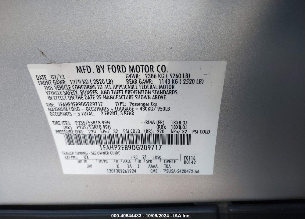 2013 FORD TAURUS SEL VIN: 1FAHP2E89DG209717