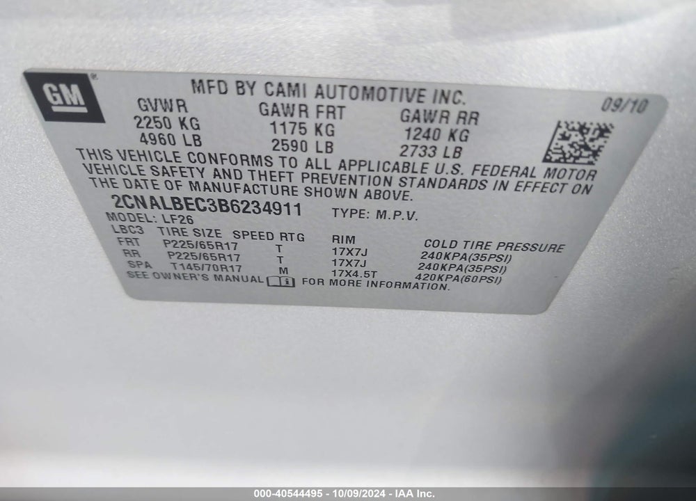 2011 CHEVROLET EQUINOX LS VIN: 2CNALBEC3B6234911