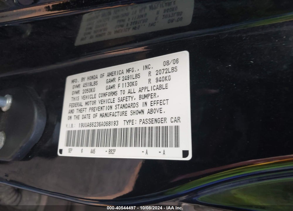 2006 ACURA TL VIN: 19UUA66236A068193