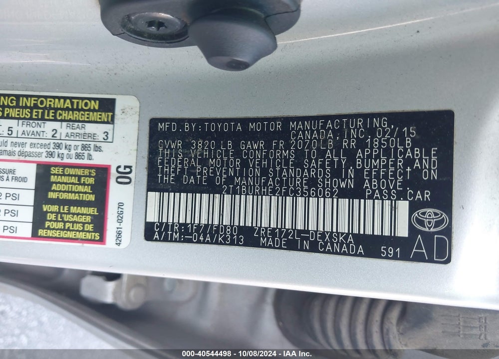 2015 TOYOTA COROLLA S VIN: 2T1BURHE2FC356062