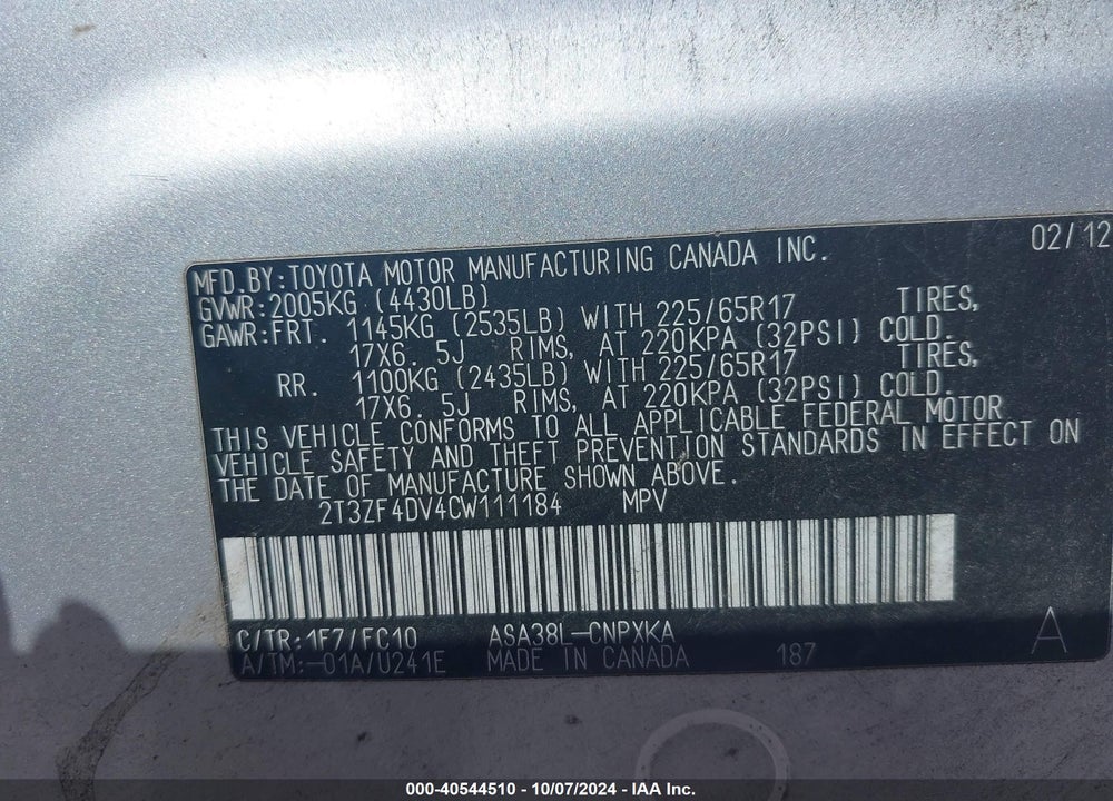 2012 TOYOTA RAV4 VIN: 2T3ZF4DV4CW111184