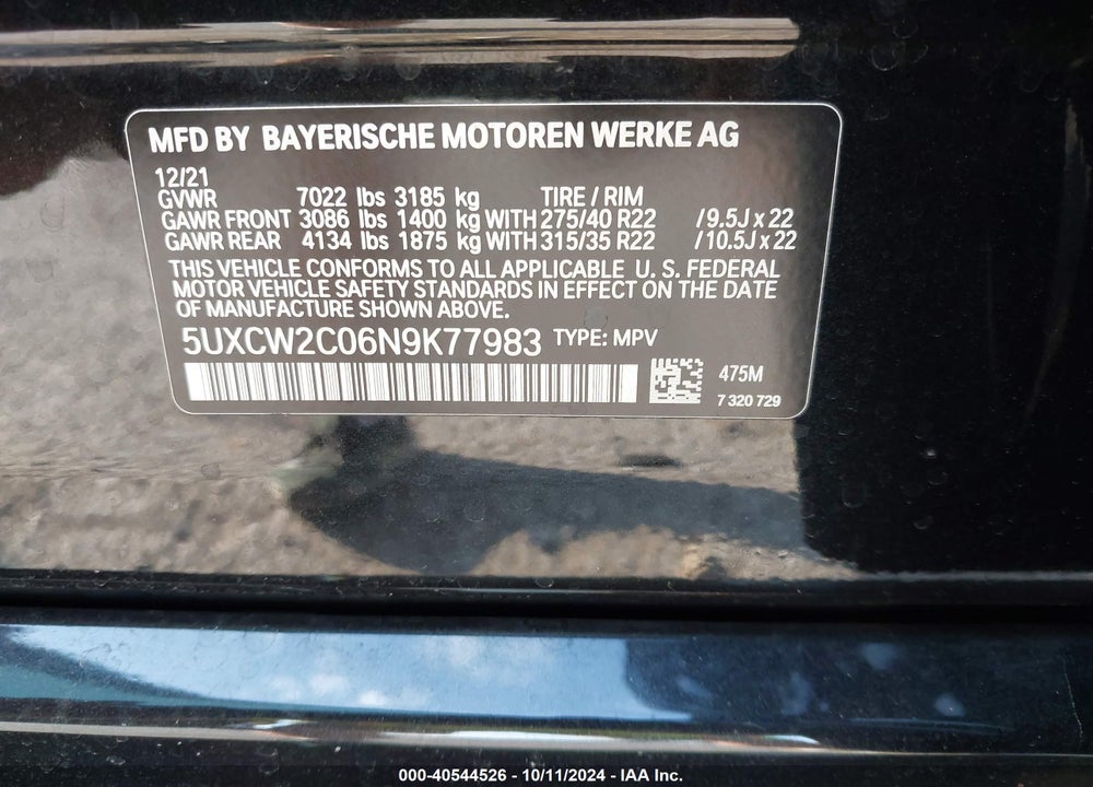 2022 BMW X7 XDRIVE40I VIN: 5UXCW2C06N9K77983