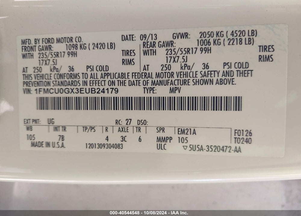 2014 FORD ESCAPE SE VIN: 1FMCU0GX3EUB24179