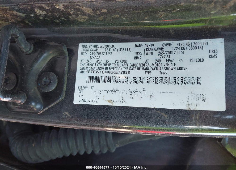 2019 FORD F-150 XLT VIN: 1FTEW1E40KKE72938