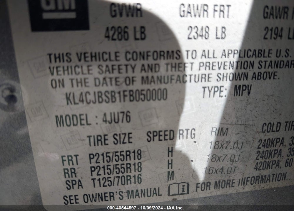 2015 BUICK ENCORE CONVENIENCE VIN: KL4CJBSB1FB050000