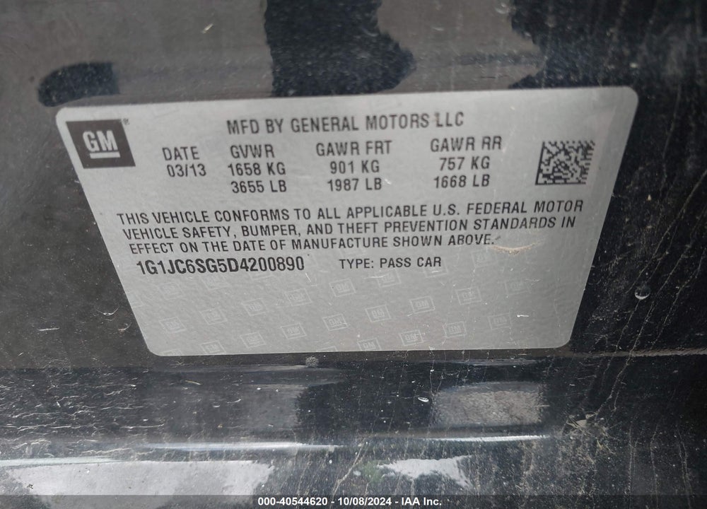 2013 CHEVROLET SONIC LT AUTO VIN: 1G1JC6SG5D4200890