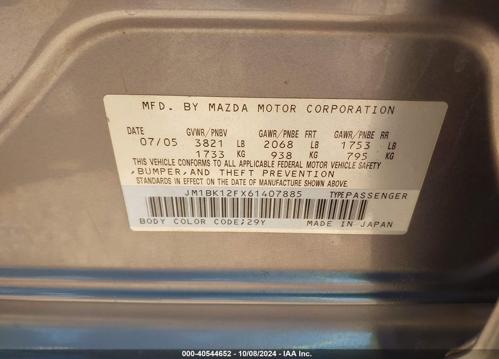 2006 MAZDA 3 I VIN: JM1BK12FX61407885