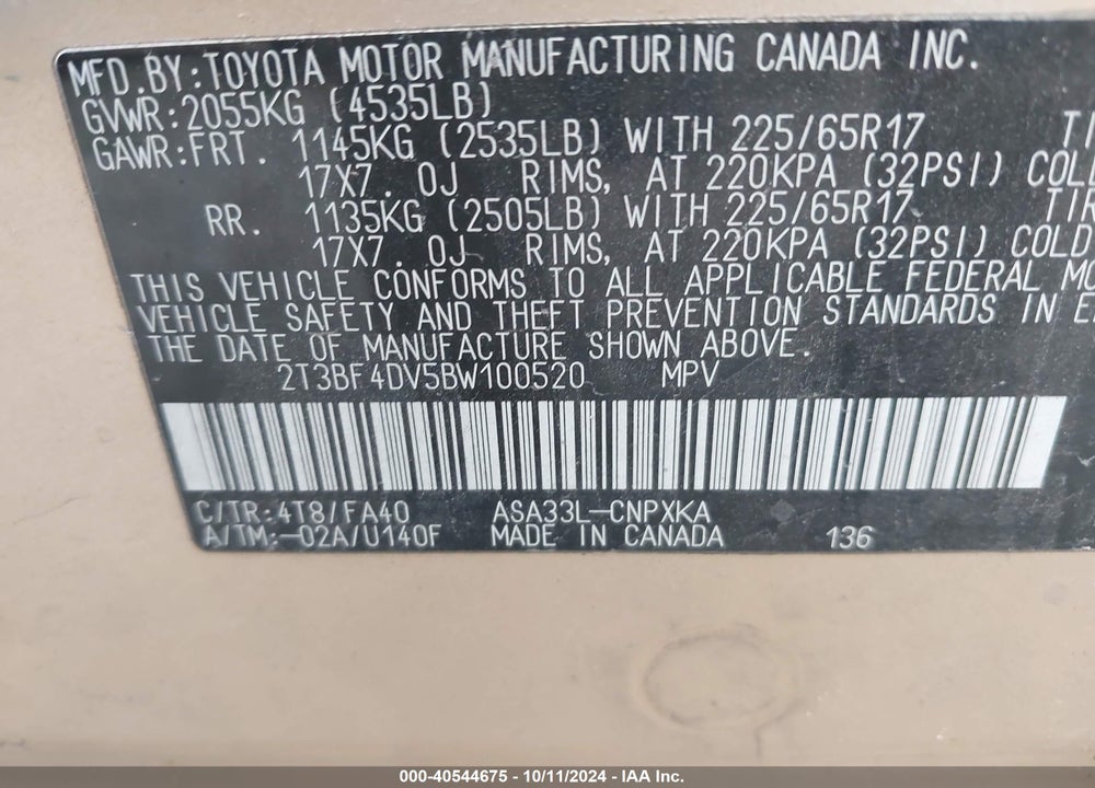 2011 TOYOTA RAV4 VIN: 2T3BF4DV5BW100520